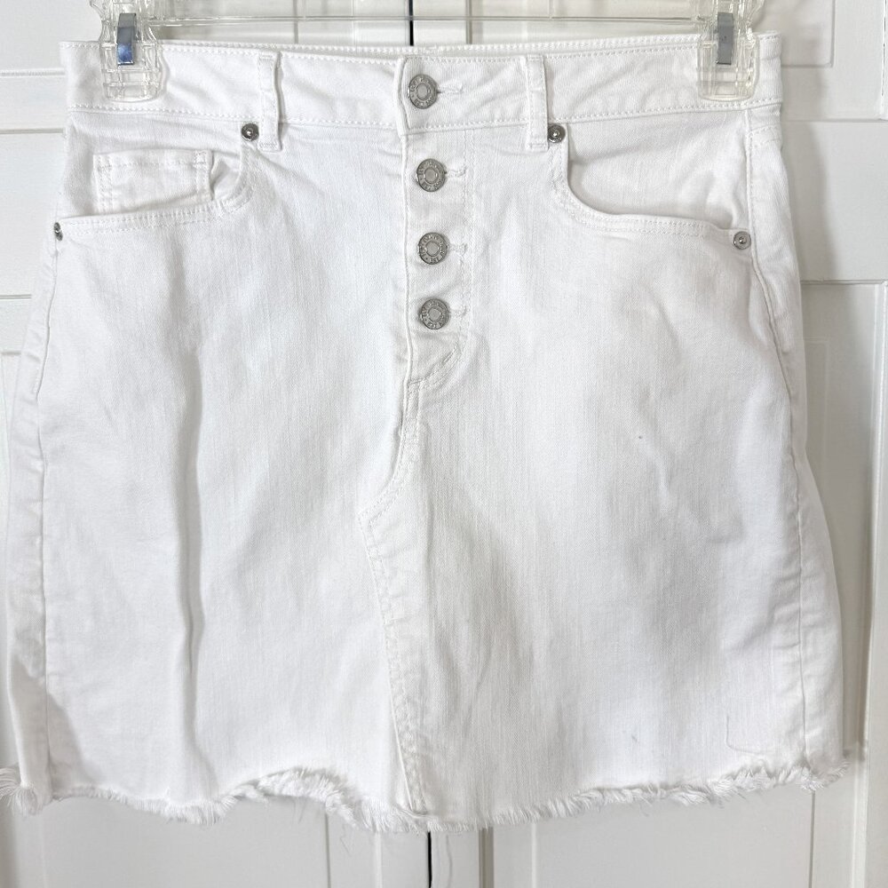 Loft Women's Frayed Denim Skirt 6 White A-Line Button-Fly Stretchy Short Coastal
